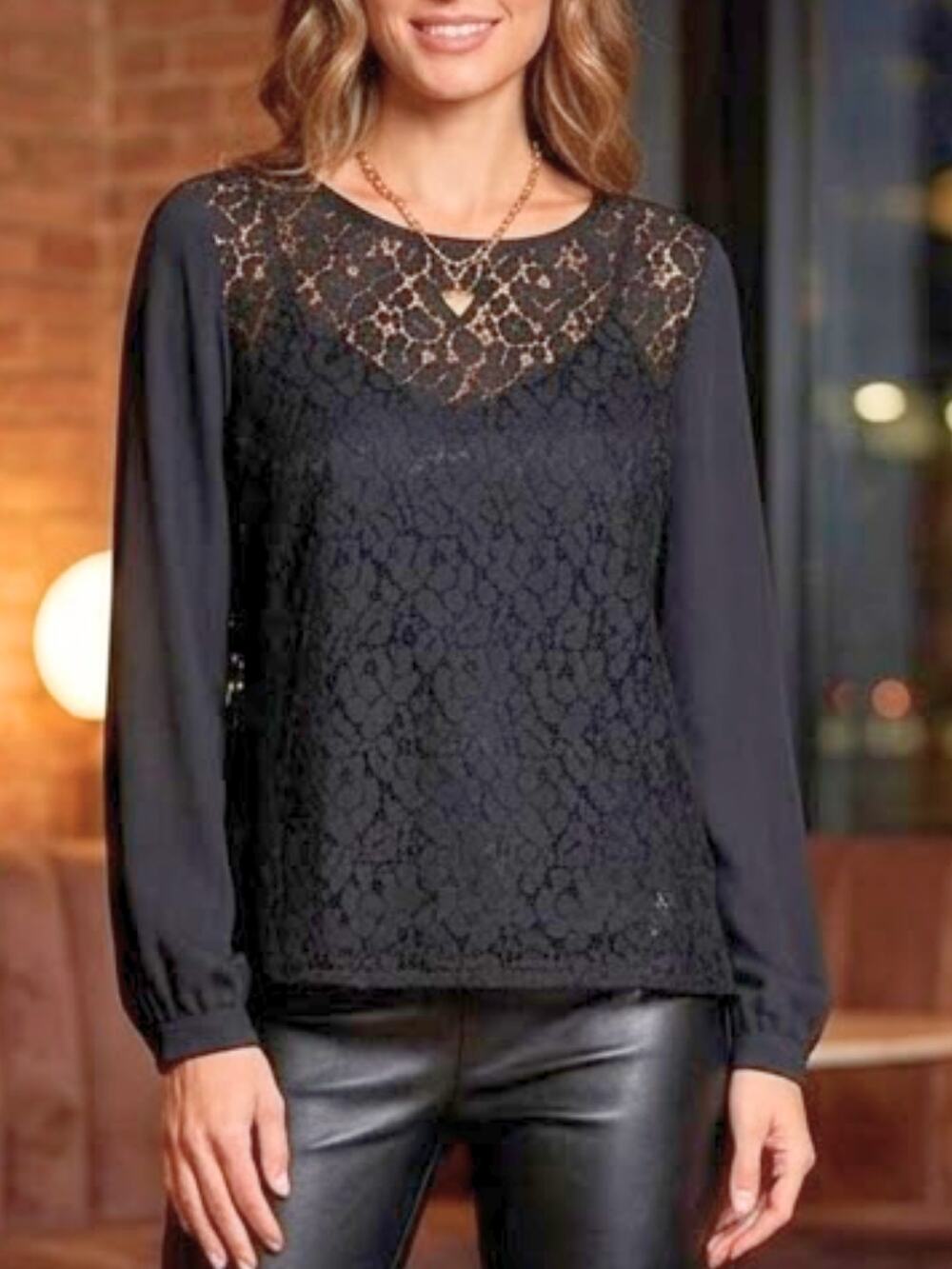 BANANA REPUBLIC Black Lace Sheer Sleeve Blouse Size S